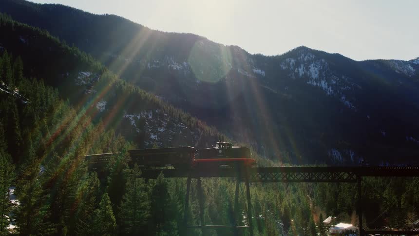 A passenger train crosses a high trestle bridge through a sun-drenched mountain valley filled with evergreen trees