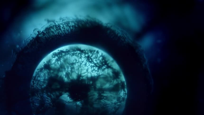 Dark ink slowly expands in a circular formation around a glowing teal blue orb