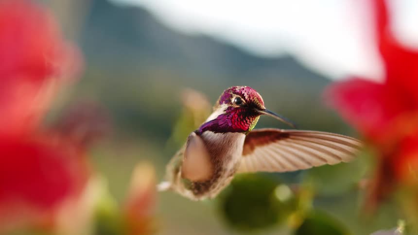Close-up slow-motion cinemagraph of a beautiful hummingbird hovering amidst soft-focus red flowers