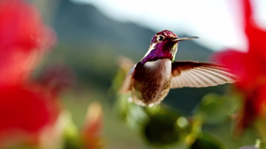 Cinematic slow motion captures a vibrant hummingbird with a magenta throat hovering gracefully between red flowers