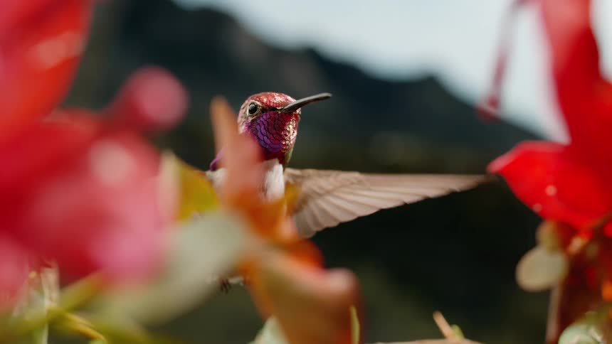 A vibrant hummingbird with iridescent red and purple feathers hovers in place in extreme slow motion, framed by colorful flowers