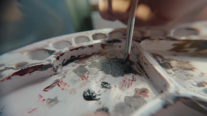 Close-up of an artist mixing dark, moody paint on a well-used palette with a delicate brush