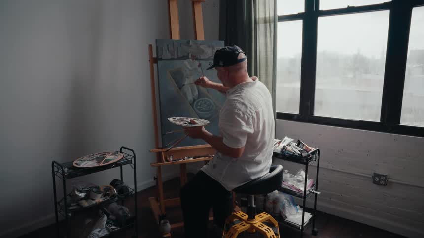 A male artist sits on a stool and paints on a canvas at an easel in his naturally lit loft studio