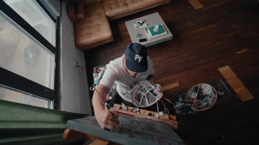 From a high angle, a focused artist in a cap works diligently on a painting in his modern loft studio, surrounded by art supplies