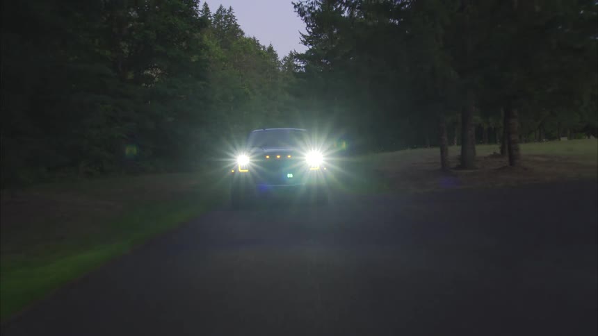 A Ford F-150 Raptor pickup truck with bright headlights drives slowly down a dark, tree-lined country road at dusk