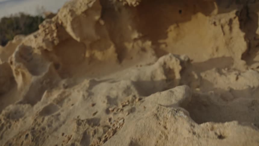 A detailed, slow-motion close-up shot pans across a weathered sandstone rock formation in the warm, golden light of sunset