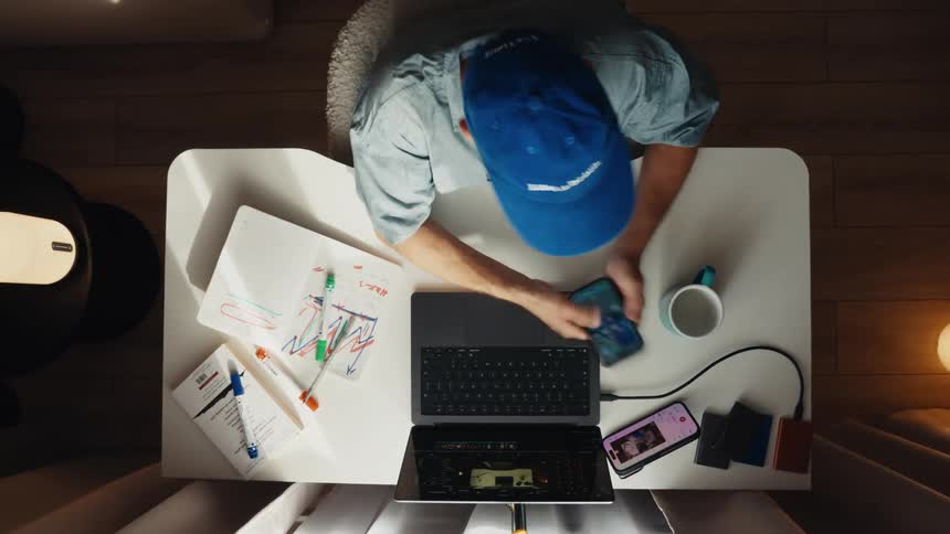 Overhead timelapse of a busy man working at his desk, multitasking between typing on a laptop, drawing charts in a notebook, and using a smartphone
