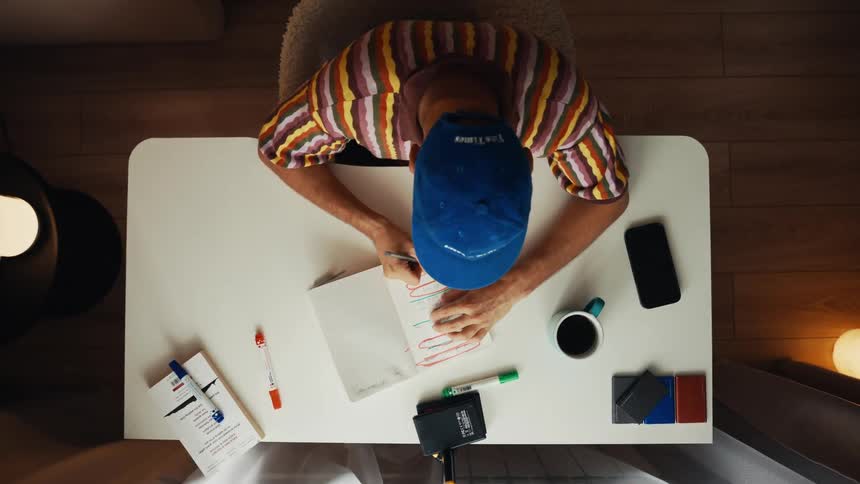 Overhead view of a man in a colorful shirt working at a desk, taking notes in a journal and checking his phone