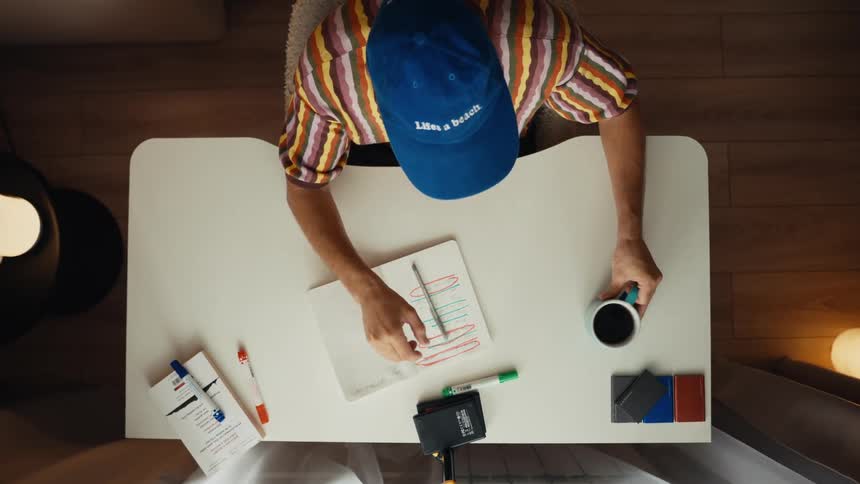 Top-down view of a man in a colorful shirt and cap working on a creative project in a notebook at his desk, pausing to drink coffee