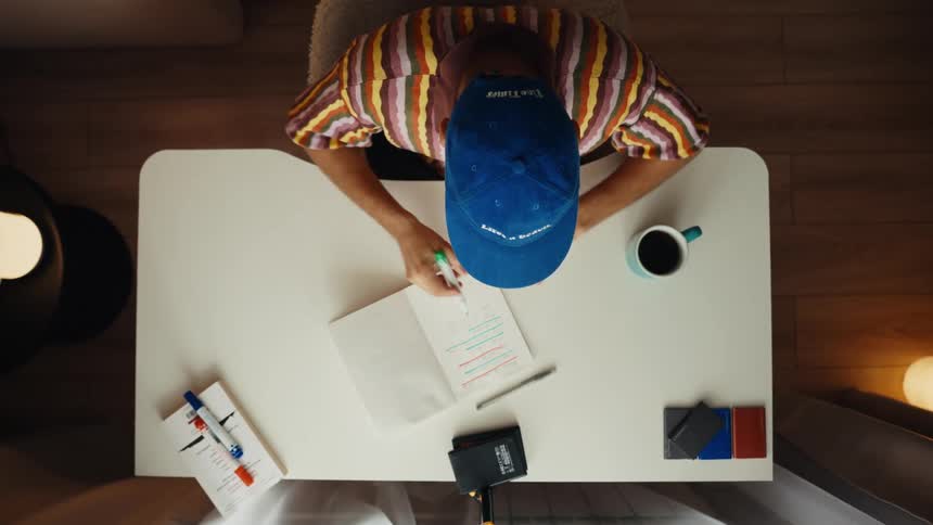 Top-down view of a man wearing a blue cap diligently studying and color-coding notes in his journal at a white desk