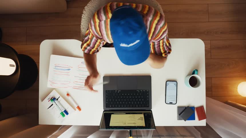 Top-down timelapse of a young man in a blue cap working intensely at his home office, multitasking between his laptop, phone, and notebook
