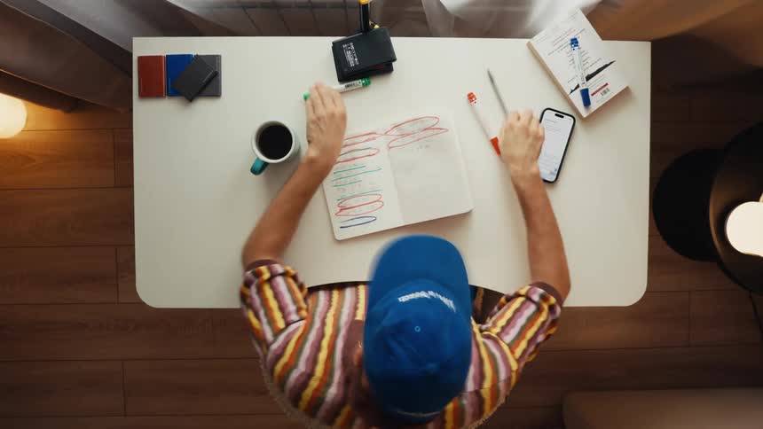 Overhead time-lapse of a man in a blue cap working at his desk, writing in a notebook, and using his phone