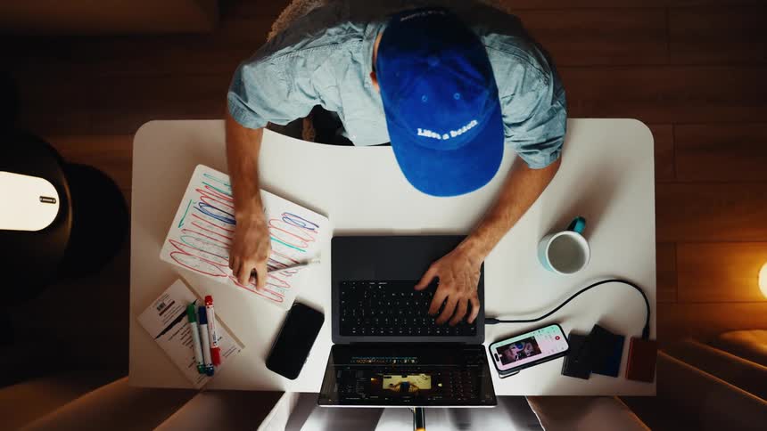 Top-down cinemagraph of a man in a blue cap working late on his laptop and taking notes in a cozy, warmly lit home office