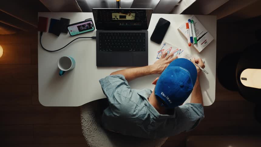 A top-down view of a creative professional editing video on a laptop while drawing graphs and taking notes in a notebook at his desk