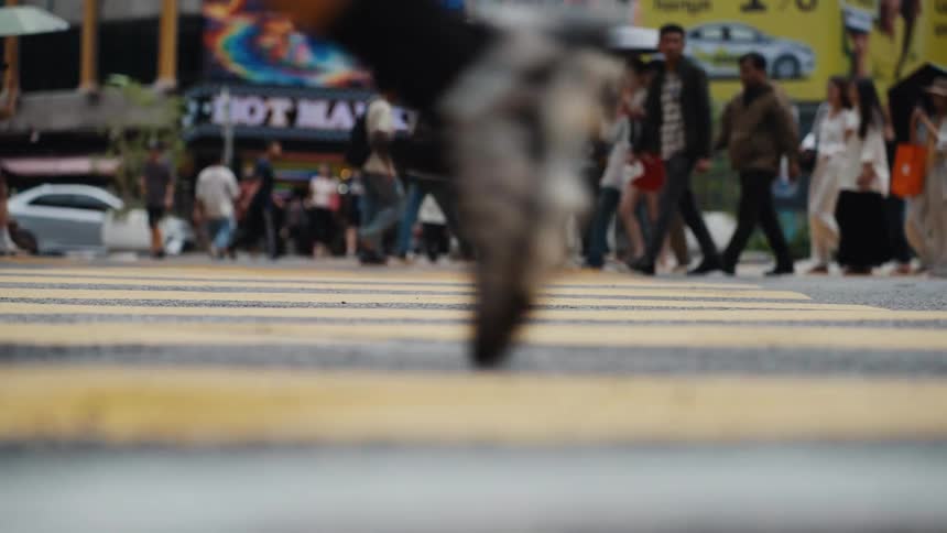 A slow-motion, low-angle view from a crosswalk of a diverse and anonymous crowd of pedestrians crossing a busy city street