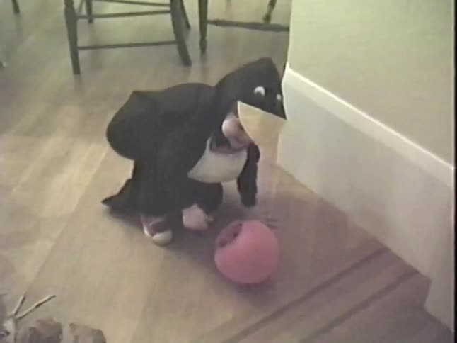Adorable toddler in a penguin Halloween costume holds a pink pumpkin bucket and smiles for the camera