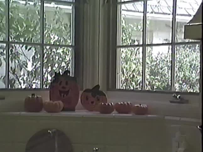 A vintage home video slowly pans across a classic 1990s kitchen decorated for Halloween