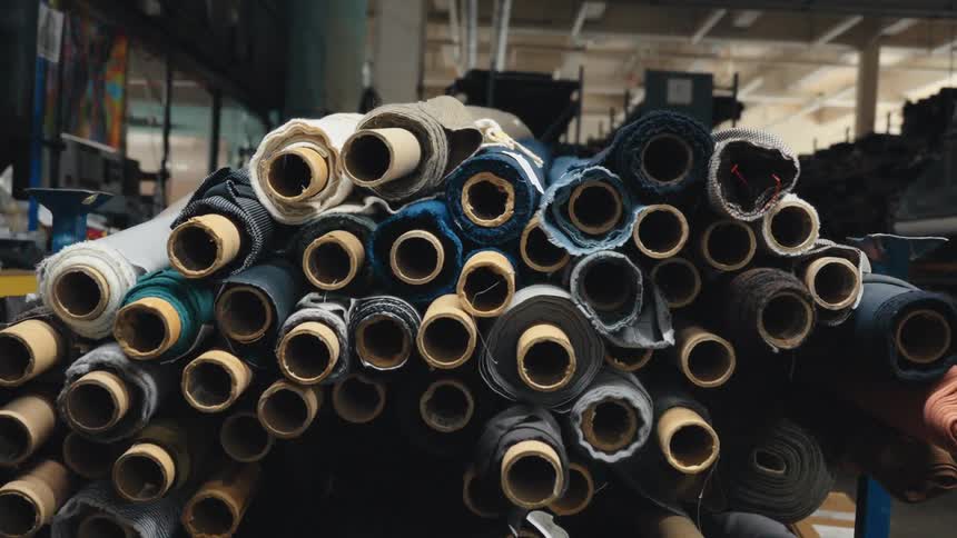 A revealing shot of colorful fabric rolls stacked in a busy textile factory