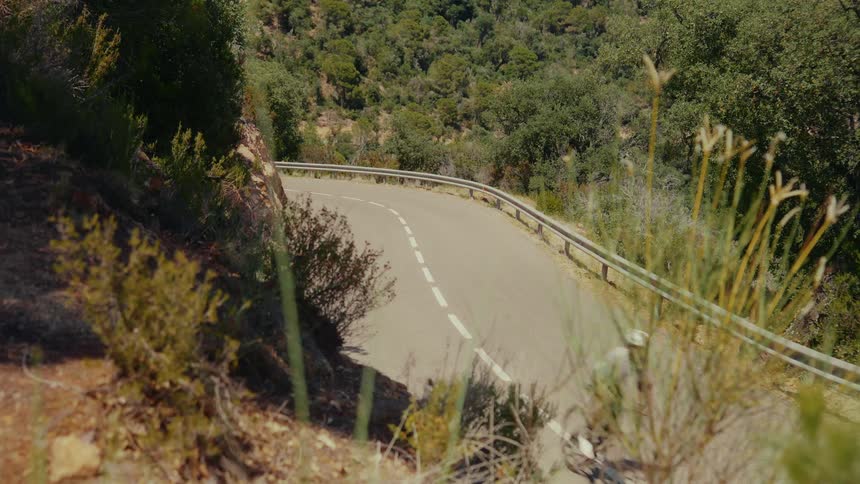 A cyclist rides up a winding paved road through a sun-drenched, tree-covered hillside