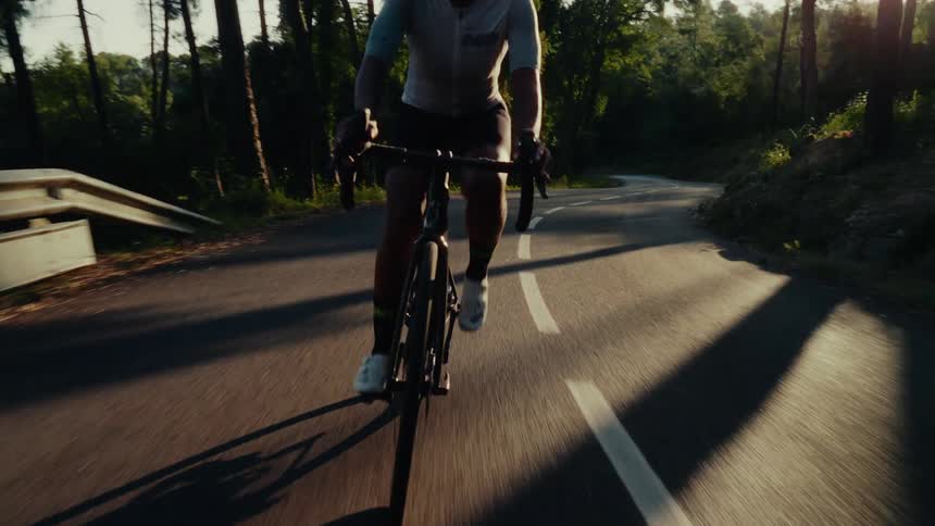 An athletic woman rides her road bike down a winding, tree-lined road during a beautiful golden hour