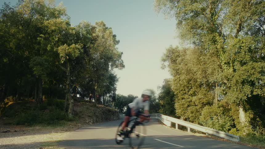 A speedy cyclist descends a winding, tree-lined road on a sunny day