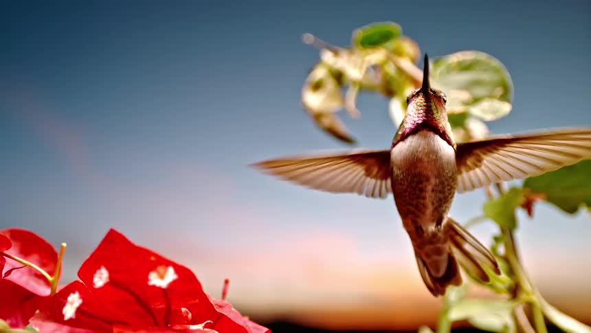 A close-up slow-motion cinemagraph shows a hummingbird gracefully hovering among red flowers against a sunset sky
