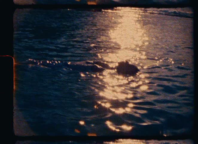 Vintage 8mm film shows a person swimming in the ocean as the golden sunset light shimmers on the water's surface