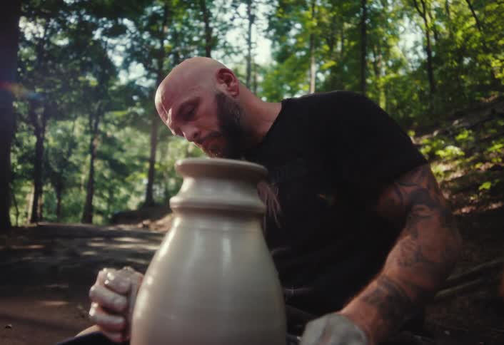 A bald, bearded man with tattoos intently shapes a clay vase on a pottery wheel in a sunlit forest