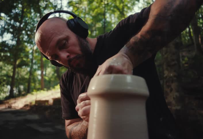 An artisan with headphones intently works on a pottery wheel, shaping a clay vessel amidst a sunlit forest