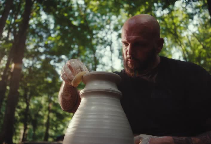 A focused, tattooed man meticulously shapes a clay pot on a pottery wheel in a sunlit forest in slow motion