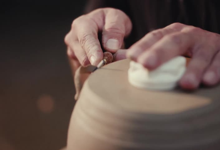 Close-up of a potter's hands carefully trimming excess clay from a spinning bowl with a loop tool