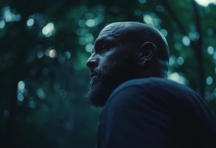 A moody close-up of a pensive, bald man with a beard looking up while standing in a dark forest at dusk