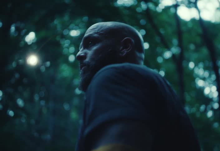 A contemplative bald man with a beard stands in a moody, dark forest, looking up into the trees as a firefly passes by
