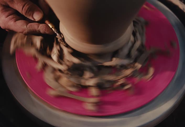 A close-up shot of a potter's hands using a tool to trim a clay pot on a fast-spinning pottery wheel, sending shavings flying