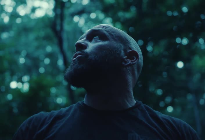 A low-angle, close-up shot of a contemplative bald man with a beard looking up into the canopy of a dark, moody forest