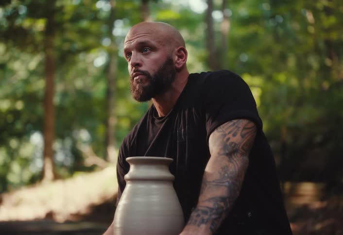 A tattooed male potter pauses his work on a clay vase to look thoughtfully at the camera in a peaceful forest setting