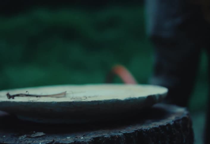 A mysterious bearded man carefully places a cup with a dark dripping liquid onto a wooden slice in a dark forest setting