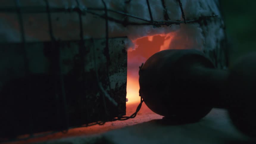A powerful gas burner heats a handmade kiln, making the interior glow with intense orange heat
