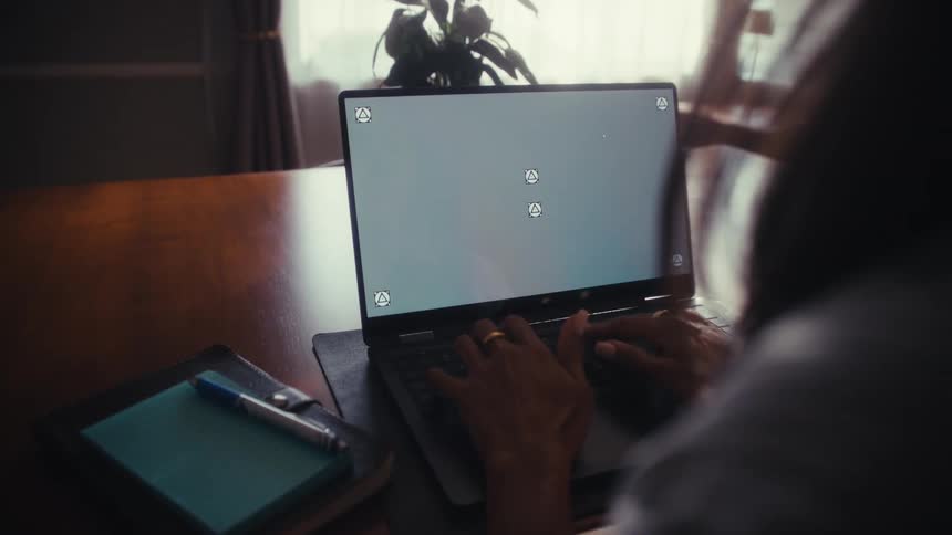 Over the shoulder shot of a person working from home, typing on a laptop with a screen ready for compositing