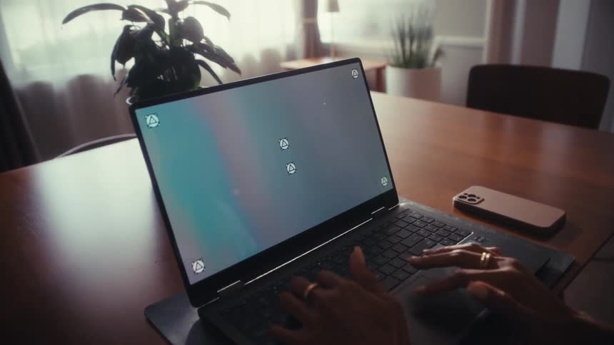 An over-the-shoulder shot shows a person working on a laptop with a screen for compositing in a cozy home office setting