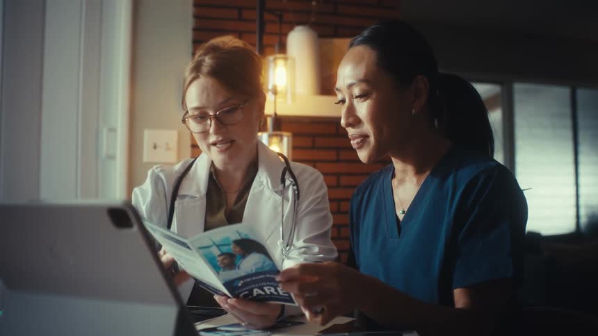 A doctor and her colleague in scrubs collaborate while reviewing a healthcare brochure together in a warmly lit office