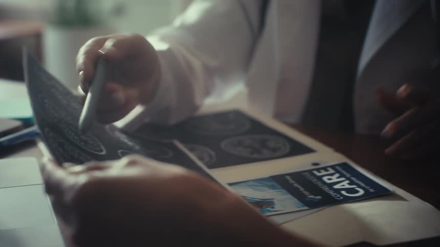 A close-up shot of a doctor using a pen to explain the details of a brain scan to a patient