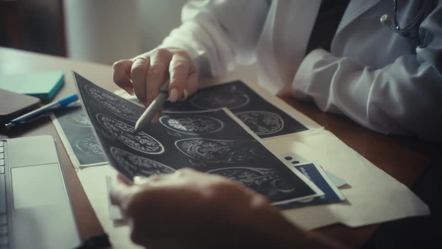 A doctor in a white coat points at a brain MRI scan while explaining the diagnosis to a patient during a consultation