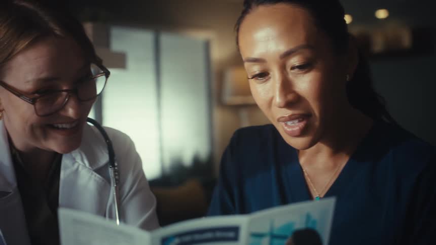 Two female doctors smile and collaborate while reading a medical brochure in a warmly lit office