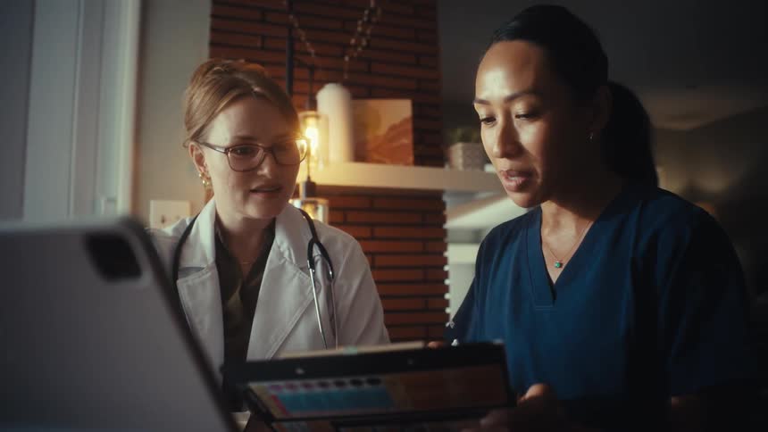 Two female healthcare workers, a doctor and a nurse, discuss patient information from a clipboard in a warmly lit office