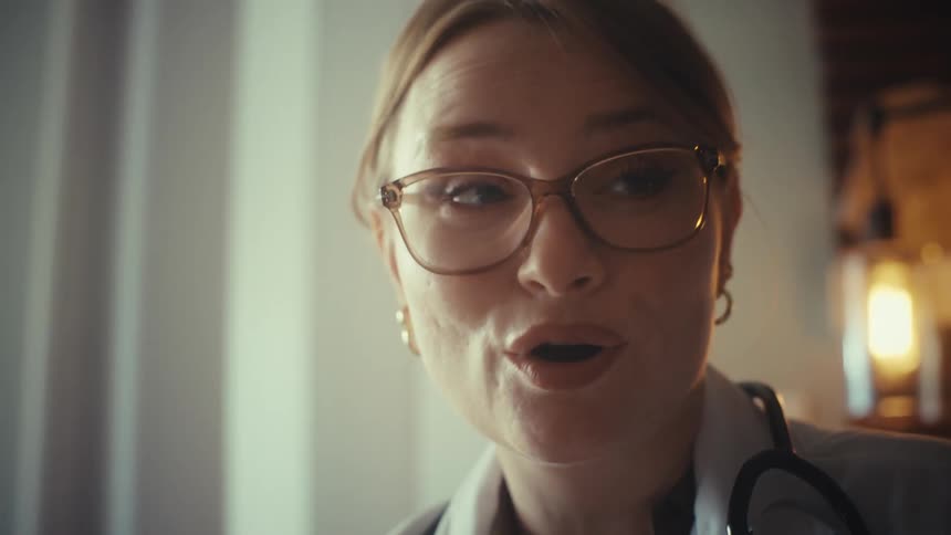 A close-up of a female doctor with glasses explaining a patient's MRI scan results to her colleague in their office