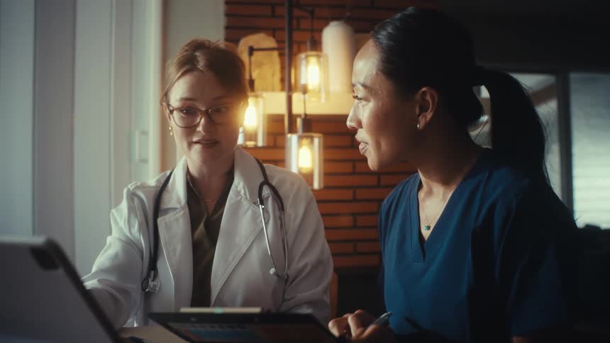 Two female medical professionals, a doctor and a nurse, collaborate over a tablet in an office, ending their discussion with a shared smile of success
