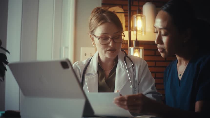 Two female medical professionals, a doctor and a nurse, collaborate on a patient case, reviewing documents late at night in an office