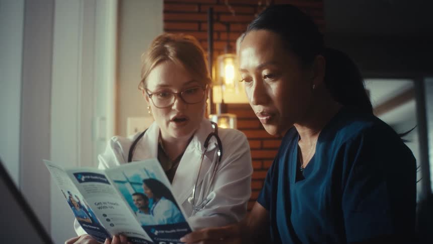 A doctor and a nurse collaborate in an office, discussing information from a healthcare brochure