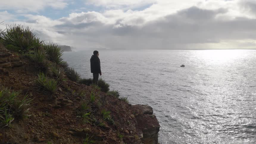 A person stands on a cliff's edge, thoughtfully gazing out at the vast, shimmering ocean on a cloudy day